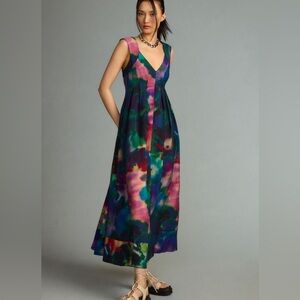 Anthropologie Printed V-Neck Pleated A-Line Dress